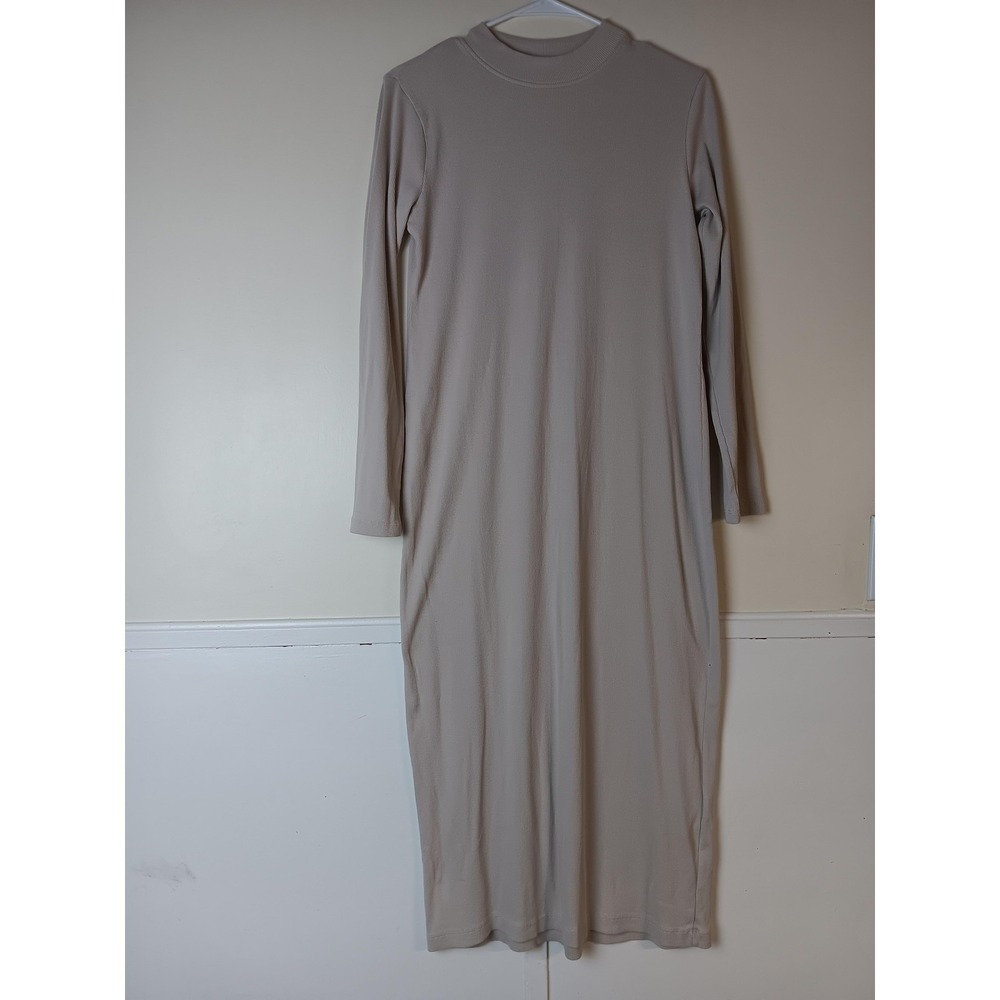 Zara Dress Womens M Beige Solid‎ Ribbed Knit Bodycon Midi Long Sleeve Mock Neck